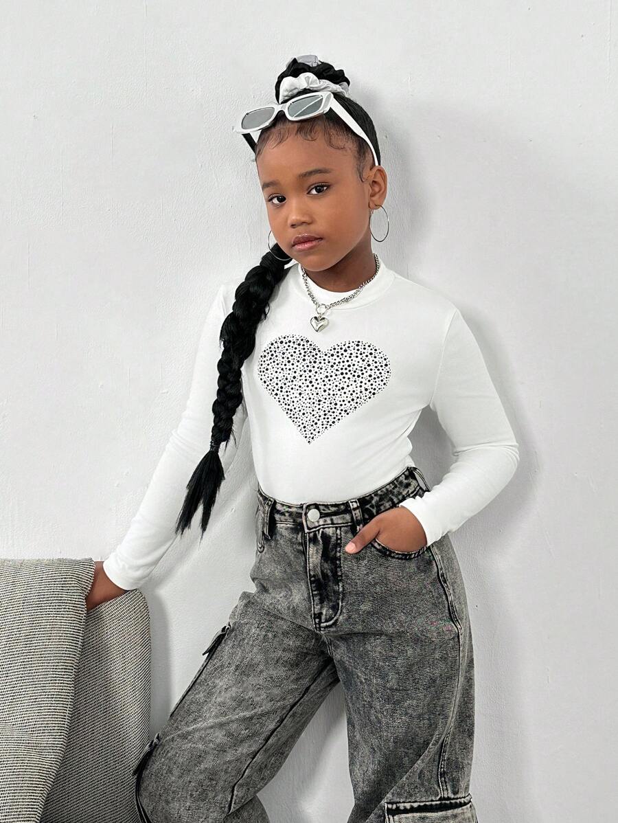 SHEIN Leap Crew Blusa de punto informal de calle para niñas preadolescentes con cuello alto elástico y mangas largas - Blanco - Ver 1