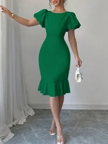 Selianne Elegant Solid Color Petal Sleeve With Ruffle Hem Bodycon Dress - Green - View 5