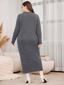 Mulvari Plus Size Solid Color Stand Collar Long Sleeve Casual Knit Dress