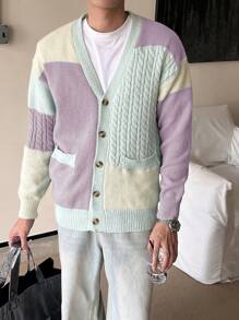 Manfinity Homme 男士撞色纽扣长袖休闲开衫，带口袋，秋冬 - 淡紫色 - 查看 4