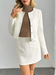 INAWLY Vrouwen Mode Elegante Effen Kleur Crop Top En Minirok Set