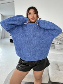 INAWLY Suéter casual de cuello redondo de unicolor de manga larga, para invierno, tejido, tipo jersey de otoño, talla grande - Azul - Ver 5