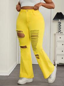 SHEIN ICON Plus Size Plain Distressed Fitted Flared Leg Jeans - Yellow - View 5