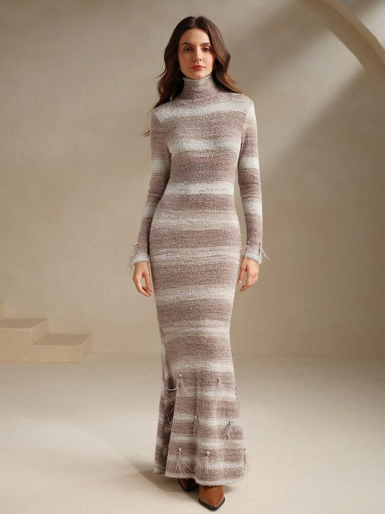 High Neck Feather & Rhinestone Decor Glittery Fluffy Metallic Fiber Fishtail Maxi Bodycon Dress, Christmas/New Year Women Outfit