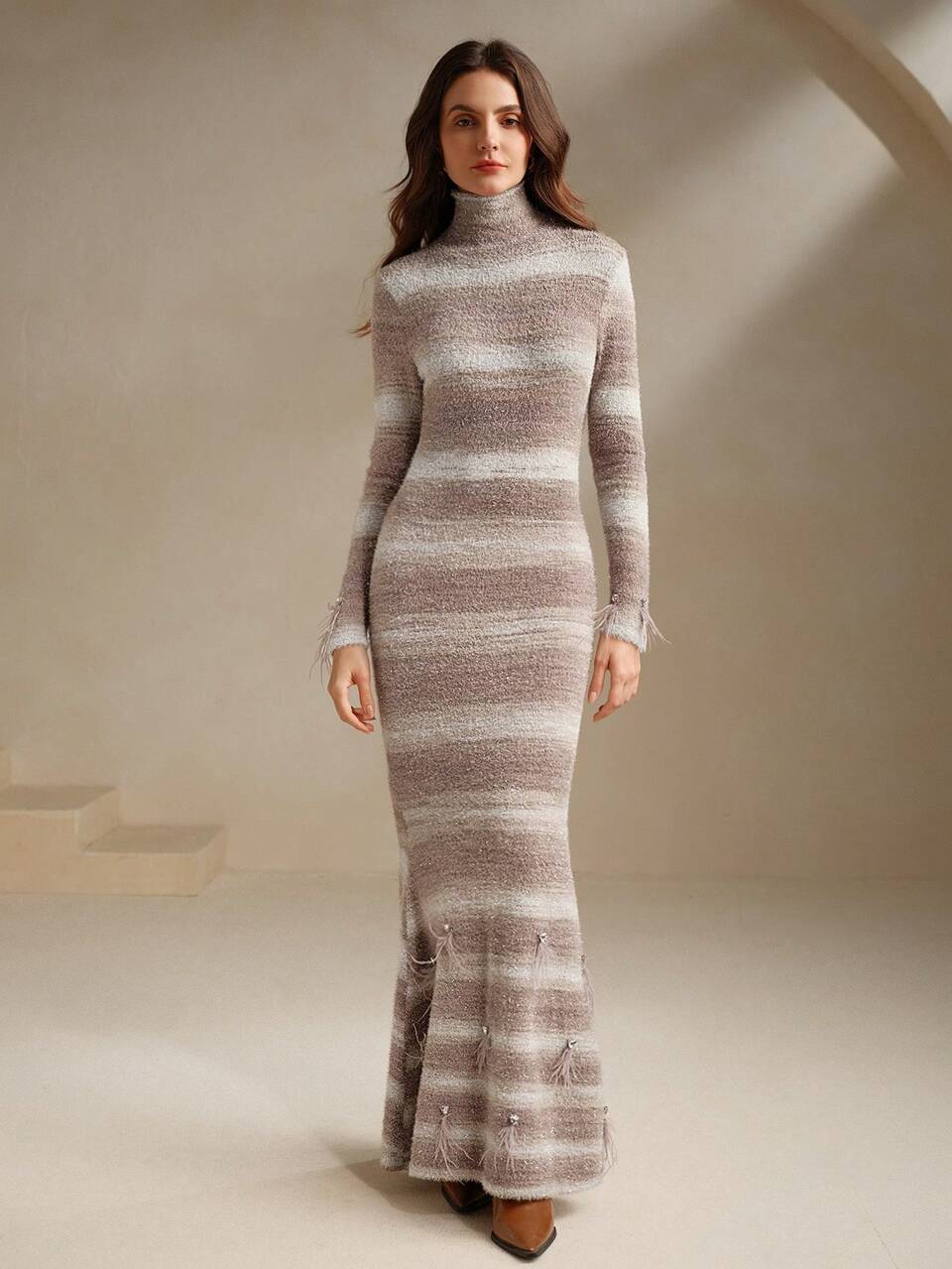 High Neck Feather & Rhinestone Decor Glittery Fluffy Metallic Fiber Fishtail Maxi Bodycon Dress, Christmas/New Year Women Outfit