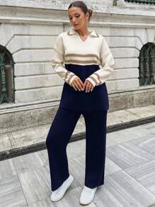 EURMUSE Women'S Striped Collared Sweater And Knitted Pants Two Piece Set - Multicolor - View 4
