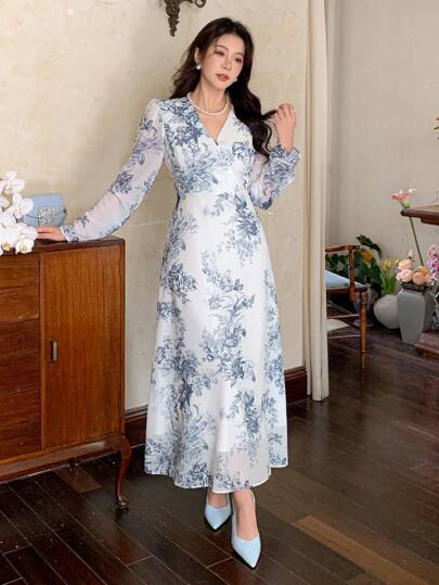 DAZY Vestido elegante de longitud media con estampado floral para mujer, adecuado para el Día de San Valentín, vestido de manga larga, vestido largo