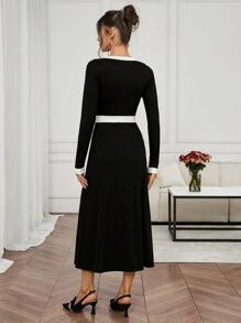 SHEIN Clasi 女士优雅黑白撞色饰边口袋休闲长裙，通勤和约会皆宜