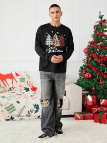 Mainfolk Unisex Knitted Loose Fit Crew Neck Sweatshirt With Christmas Tree Print, Suitable For Christmas - Black - View 3
