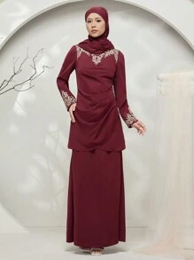 Graceveil Completo modesto con blusa a maniche lunghe con colletto alla coreana e pantaloni, con stampa floreale, in stile cheongsam antico