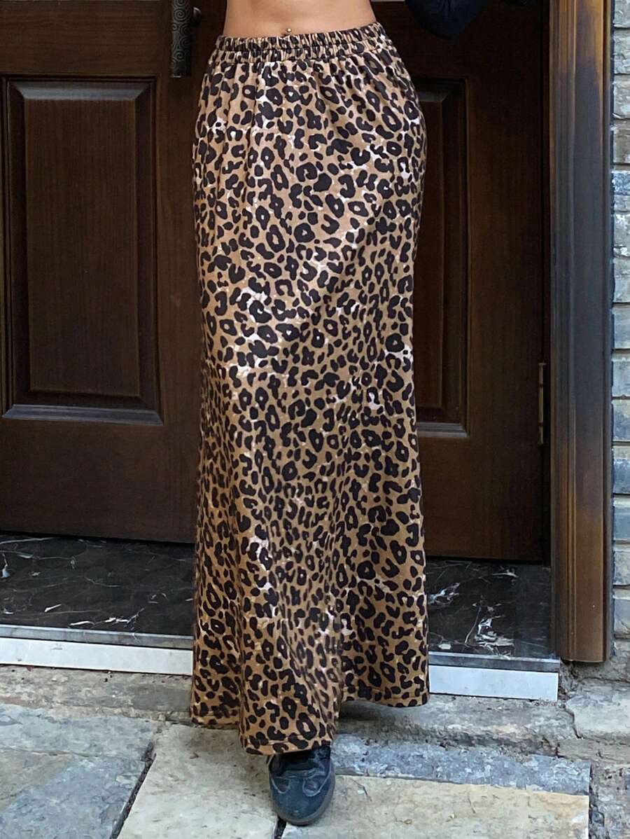 DAZY 女式豹纹松紧腰直筒下摆半身裙猎豹印花秋装