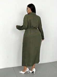 Maweii Plus Size Solid Color Button Front Long Sleeve Casual Dress Maxi Women Outfit Fall Cloth For Women - Green - View 2