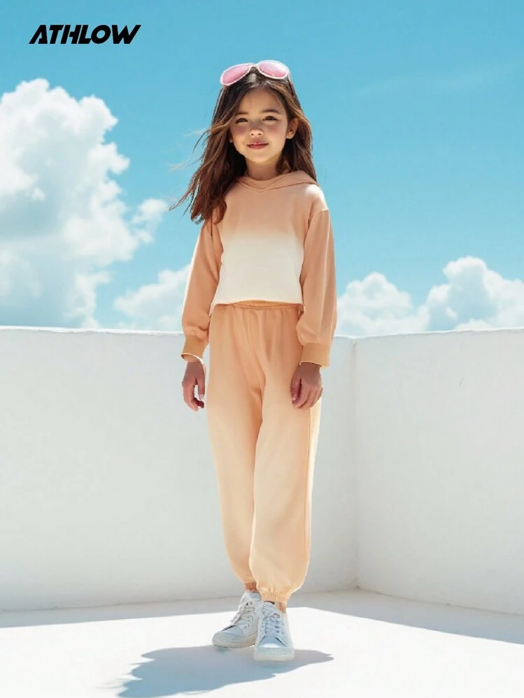 Tween Girls Oversized Gradient Color Hooded Sweatshirt And Pants Set, Casual Tracksuit For Autumn/Winter, Suitable For Yoga & Fitness - Multicolor - View 9