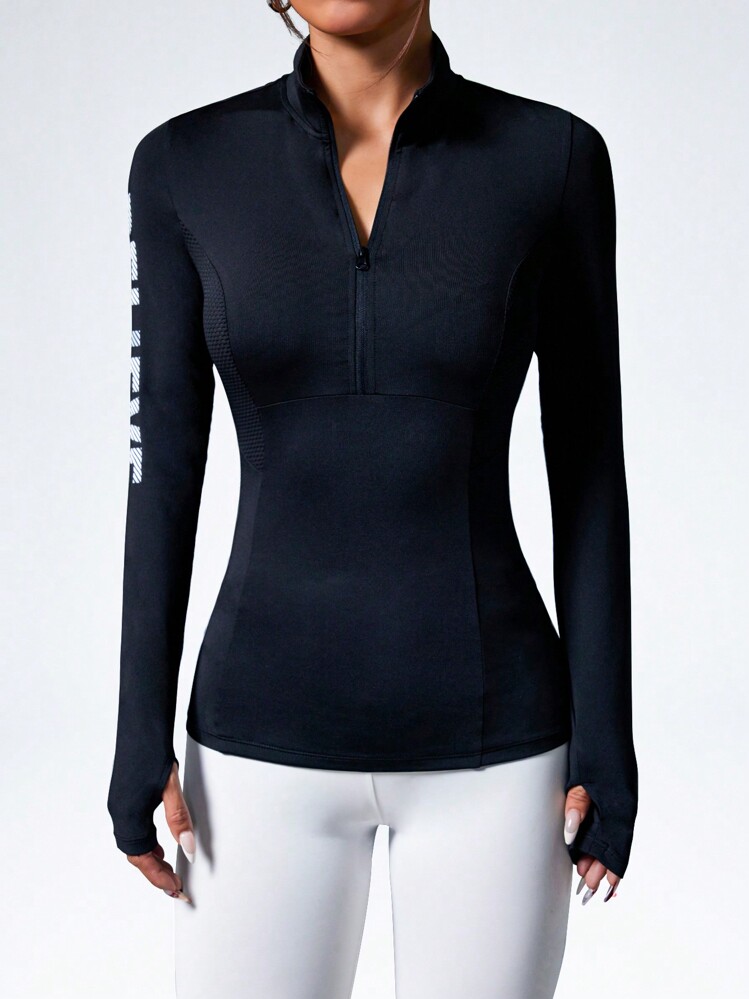 Slayform 立领字母印花修身款前拉链长袖运动卫衣 - 黑色 - 查看 3