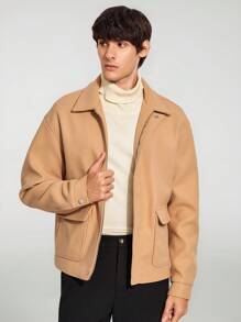 Manfinity VCAY Men's Woven Casual Stand Collar Long Sleeve Woolen Jacket, Suitable For Autumn And Winter