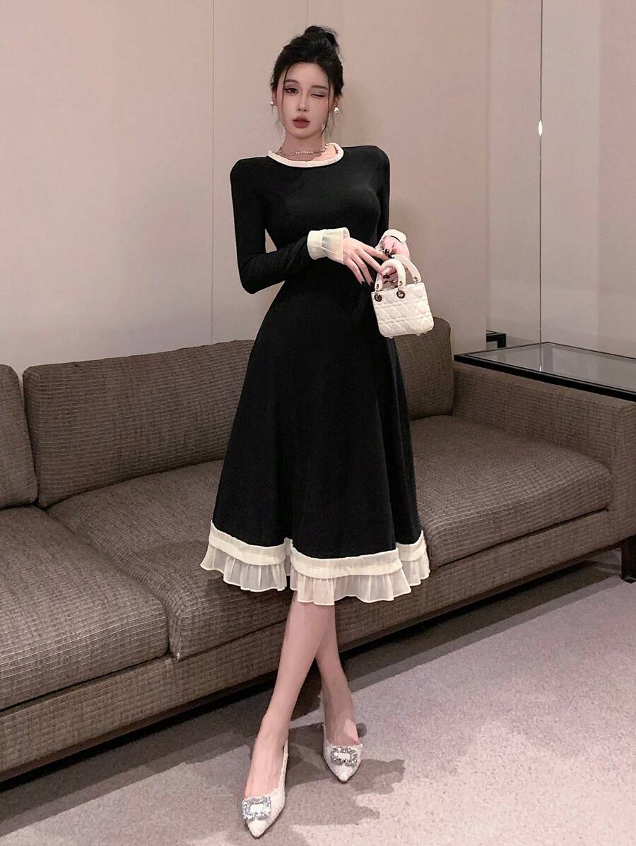 DAZY Mid-Length Color Block Ruffle Hem Dress For Women, Suitable For Dates Prom Dress,Fall Dress Elegant Women Dresses - Black - View 1