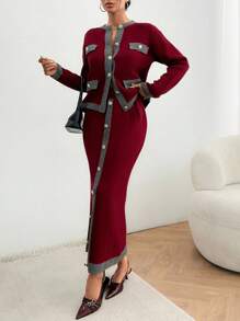 EURMUSE Textured Cardigan And Midi Skirt Set With Contrast Trim - Burgundy - View 4