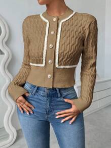 SHEIN Unity Women's Long Sleeve Twisted Cable Knit Trim Cropped Cardigan, For Autumn/Winter - Khaki - View 3