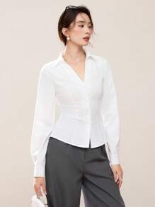 EastFlair 白色对比蕾丝露背长袖衬衫