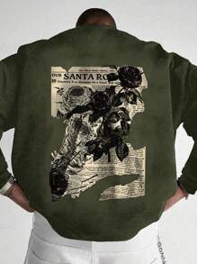 RueChic 100%Cotton Men's Basic Style Back Poster Pattern Print Sweatshirt - Army Green - View 1