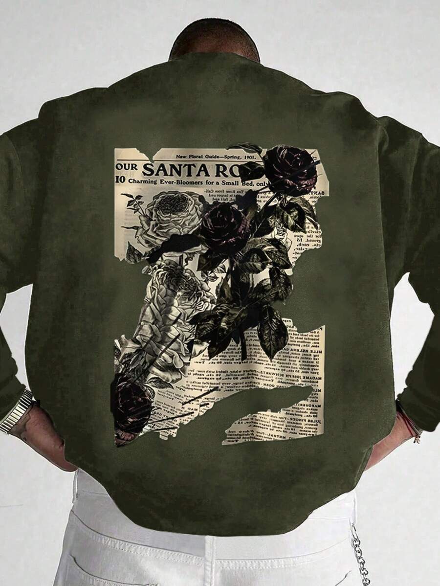 RueChic 100%Cotton Men's Basic Style Back Poster Pattern Print Sweatshirt - Army Green - View 1