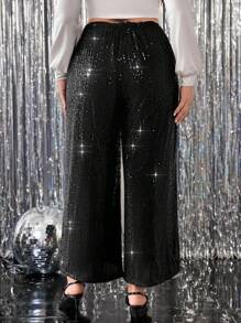 SHEIN Essnce 大码女士派对阔腿裤，亮片裤优雅女装，亮片裤 - 黑色 - 查看 2