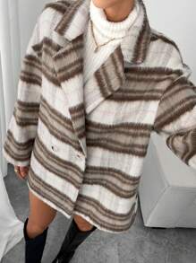 SHEIN Essnce 女士休闲时尚条纹拼色翻领落肩宽松双排扣中长款大衣，秋冬 - 彩色 - 查看 10