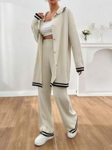 EURMUSE Women Stripe Pattern Pocket Detailed Front Button Cardigan & Sweater Pants Set - Beige - View 6