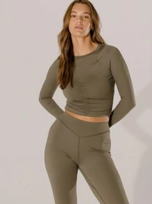 Aralina Leisurewear Olive Green Longsleeve Ruched And Kick Flare Dance Edge Set - Khaki - View 6