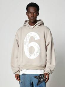 ROMWE MEN Street Life 男士休闲拉链前数字印花长袖连帽运动衫，秋季 - 卡其色 - 查看 1