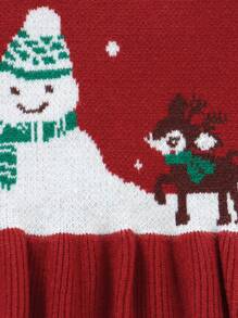 Baby Girls Cute Red Christmas Themed Knit Sweater,Autumn Long Sleeve Crew Neck Flounced Hem Soft Knitwear For Birthday,Casual,Home,Daycare & Parties - Red - View 4
