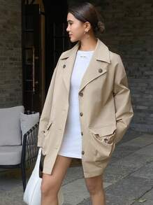 DAZY Áo khoác dài tay rộng rãi màu trơn có dây rút, túi ve áo cho nữ, Quần áo mùa thu cho nữ - Màu Khaki - Xem 1