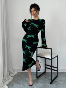Selianne 女士动物豹纹印花圆领喇叭袖紧身毛衣连衣裙 - 綠色 - 查看 5