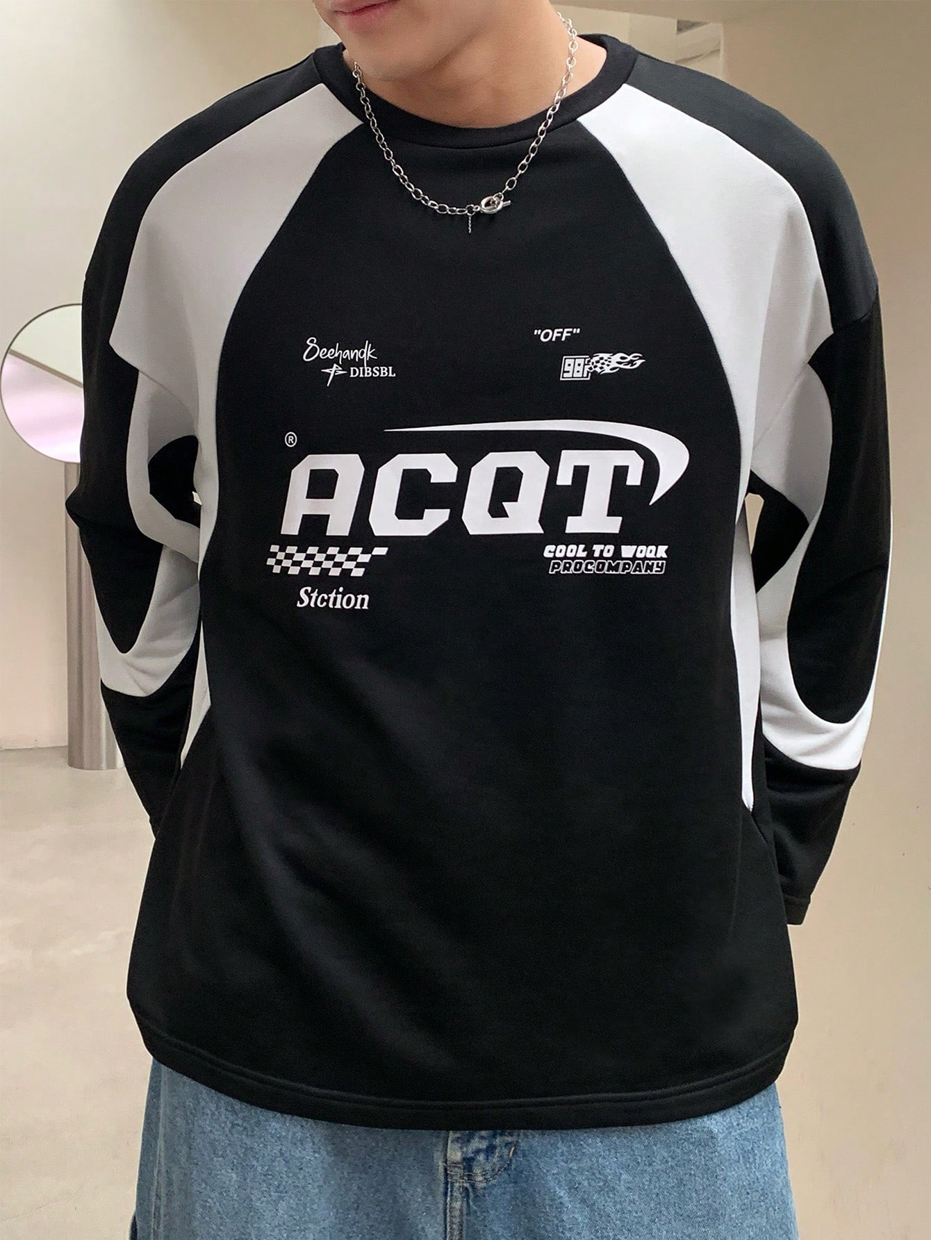 Manfinity Dauomo Men's Contrast Color Letter Print Round Neck Casual Pullover Hoodie Sweatshirt