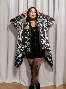 Flirla Plus Size Allover Print Asymmetrical Hem Tassel Decor Casual Cardigans - Coffee Brown - View 8