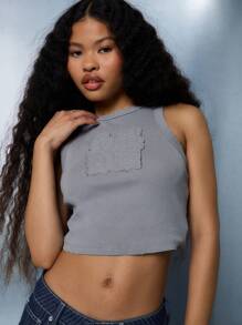 SUMWON WOMEN Ribbed Crop Tank Top Applique Embroidered Summer Sleeveless Casual Vest Top Festival Beach Streetwear - Light Grey - View 3
