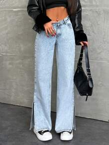 EURMUSE LOW WAIST SLIT DETAILED MEDIUM STRAIGHT LEG JEAN - Light Wash - View 1