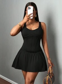 Slaydiva Women's Open Shoulder Wide Strap Solid Color Minimalist Casual Short Sexy Dress