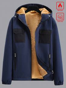 Manfinity Homme Men's Autumn/Winter Color Block Cargo Pockets Thermal Lined Hooded Jacket - Navy Blue - View 1