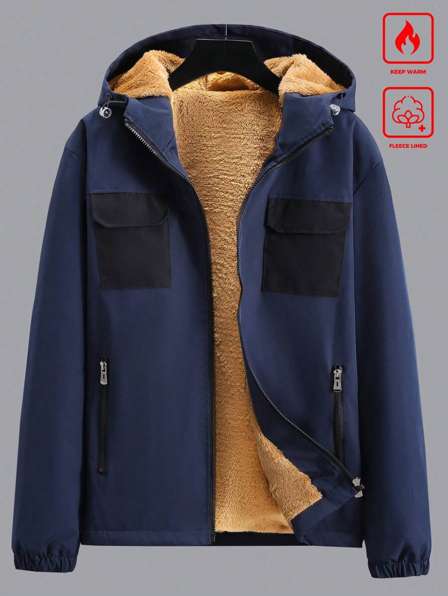 Manfinity Homme Men's Autumn/Winter Color Block Cargo Pockets Thermal Lined Hooded Jacket - Navy Blue - View 1