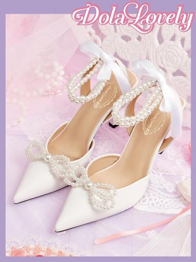 Dola Lovely Fashionable Women Faux Pearl Bow High Heels, Comfortable Versatile Pumps Spring Shoes Spring Break Easter For Christmas