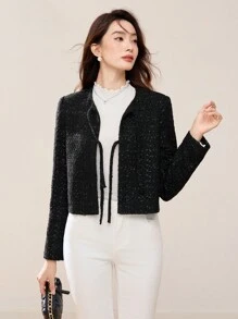 EastFlair 女士蝴蝶结领长袖短款常规夹克，秋冬 - 黑色 - 查看 4