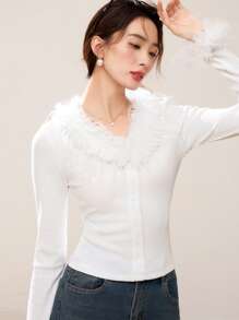 EastFlair 女士优雅白色圣诞羽毛拼接V领修身针织毛衣，可叠穿露脐上衣 - 白色 - 查看 5