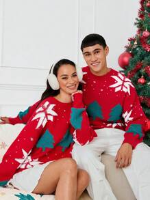 Manfinity VCAY Unisex Christmas Tree & Snowflake Pattern Loose Fit Crew Neck Pullover Sweater, Suitable For Christmas, Autumn/Winter - Red - View 6