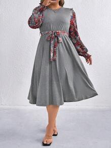 SHEIN LUNE Plus Size Crew Neck Floral Patchwork Casual Dress