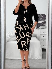 SHEIN Clasi 2pcs/Set Plus Size Simple Jacket And Dress, Casual Minimalist Outfit Suitable For Autumn/Winter