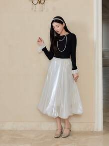 EastFlair 女士优雅亮面半身裙，简约设计，适合秋季 - 奶油色 - 查看 3