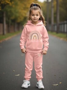 年轻女孩彩虹印花休闲套头衫套装 - 粉色 - 查看 1