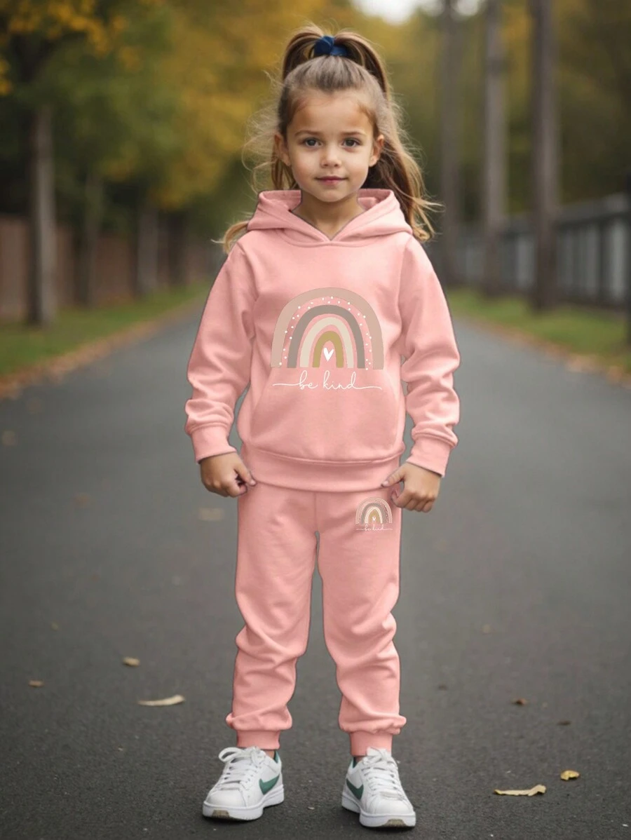 年轻女孩彩虹印花休闲套头衫套装 - 粉色 - 查看 1