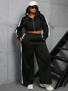 INAWLY 2pcs/Set Plus Size Stand Collar Zipper Hoodie Top And Cropped Pants - Black - View 6
